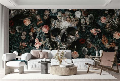 Skull and Floral pattern wallpaper - Happywall