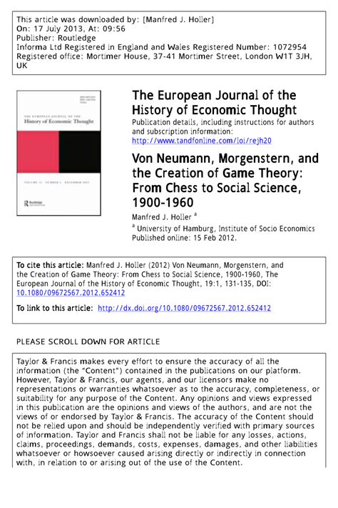 (PDF) Von Neumann, Morgenstern, and the Creation of Game Theory: From ...