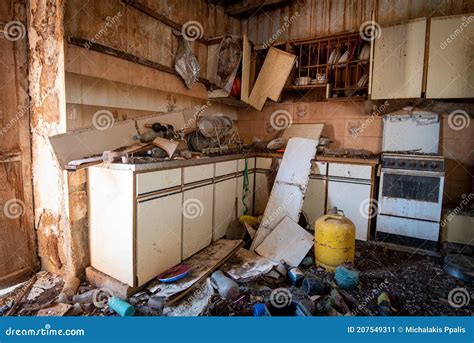 Abandoned Kitchen House Room with Damaged Furniture and Kitchenware ...