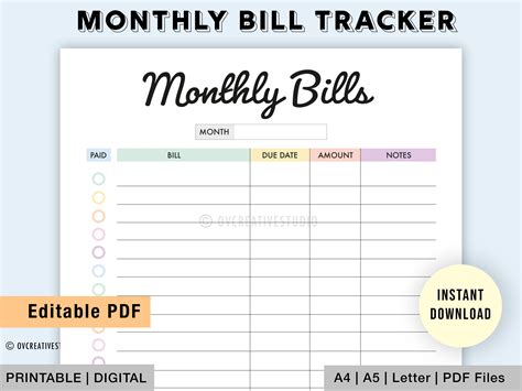 Editable Monthly Bill Tracker Bill Planner Monthly Bill - Etsy Canada