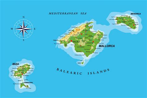 Balearic Islands, political map, with main islands Mallorca, Menorca and Formentera