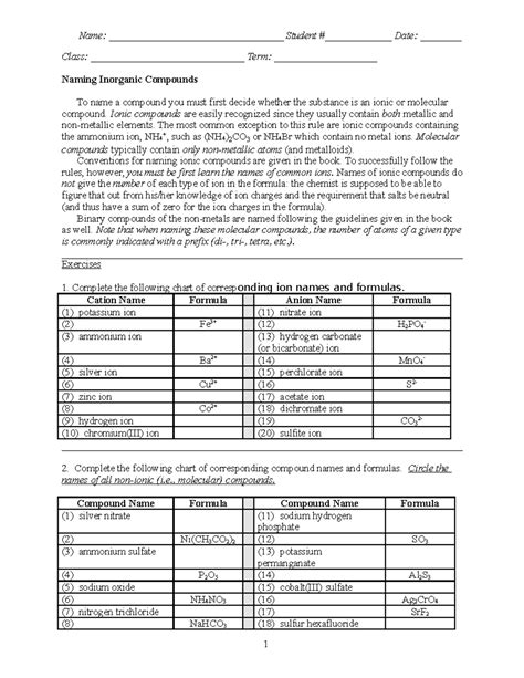 Namingst - worksheets for general chemistry class. - Name ...