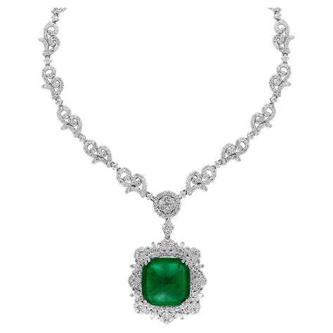 GIA 17 Ct Sugar Loaf Cabochon Colombian Emerald and 13 Ct Diamond Necklace 18KWG For Sale at ...