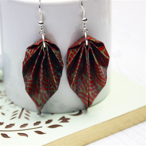 Red and Gold Waves Leaf Earrings Origami - The Origami Boutique