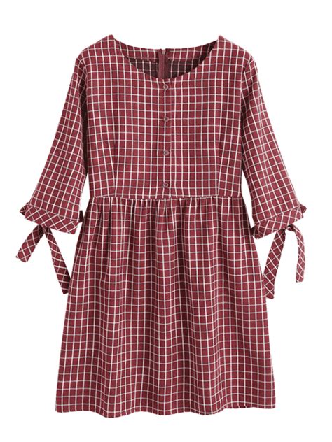 Half Button Mini Checked Dress - WINE RED L | Cute casual dresses ...