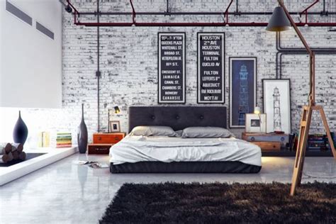 grey industrial brick wall bedroom | Interior Design Ideas