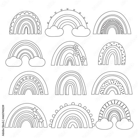 Coloring page with boho style rainbows. Hand drawn doodle rainbow, clouds, stars, flowers. Black ...