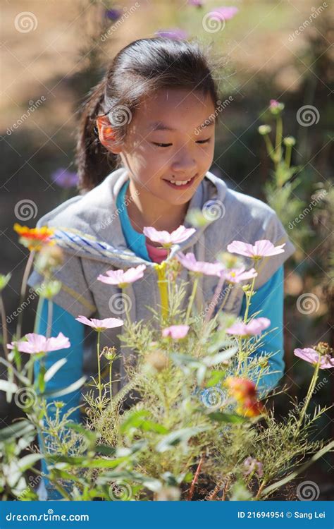 Smiling girl with flowers stock photo. Image of sunlight - 21694954