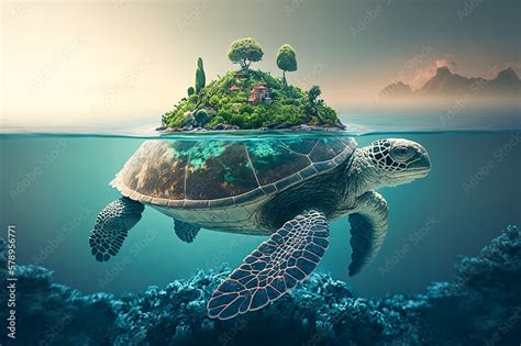 Sea turtle with island on its back. Island on a sea turtle. Generative AI. Imagination concept ...