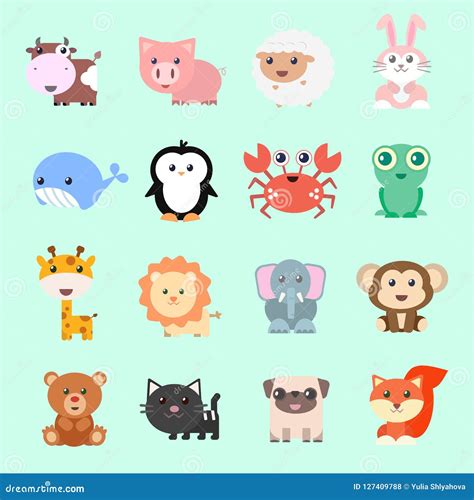 Set of Vector Funny Animals in Cartoon Style. Cute Animals on Color Background Stock Vector ...