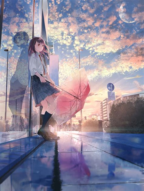 Anime girls, umbrella, leaning, reflection, sky, school uniform, Sousou, moescape, HD phone ...