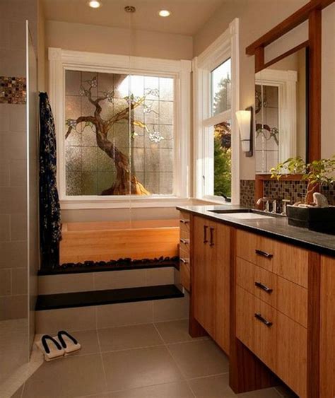 Bathroom, Beautiful Stained Glass Window And Wooden Vanity Furniture ...