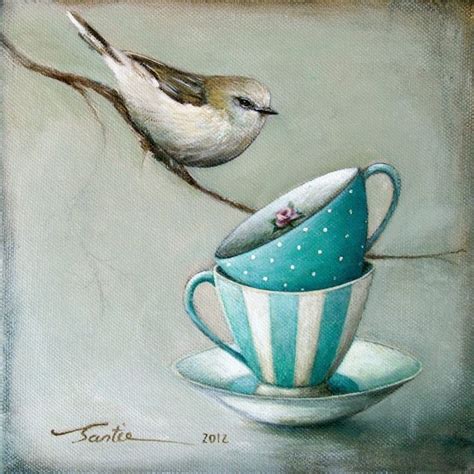 a painting of two birds perched on top of tea cups