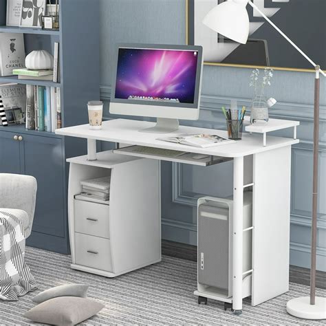 Home Office Desk With Drawers And Keyboard Tray, White Modern Computer ...