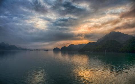 nature, Landscape, Halong Bay, Vietnam, Sunrise, Mountain, Forest, Mist, Clouds, Sea, Hill ...