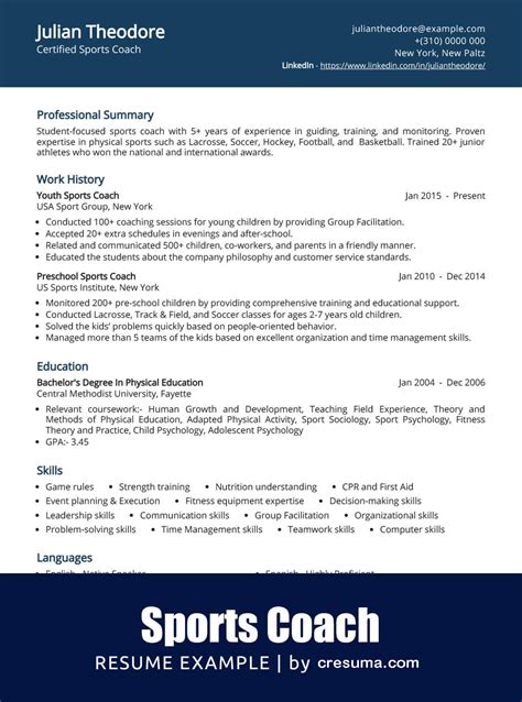 Sports Coach Resume Example and Writing Guide | Cresuma