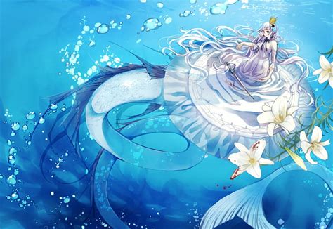 Mermaid, manga, aiha deko, water, girl, anime, summer, flower, white ...