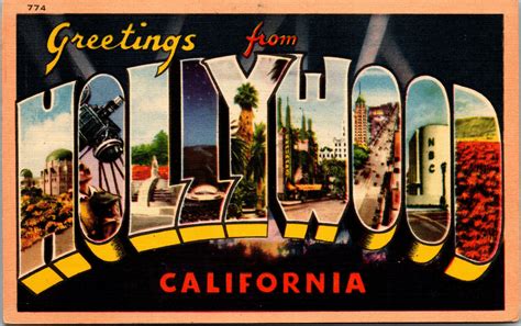 Vtg 1930's Hollywood California Large Letter Greetings Linen Postcard ...