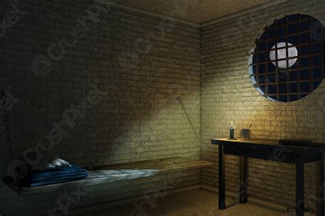 Dark Old Prison Cell Interior for One Person with Bed - stock photo ...