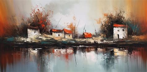 Premium AI Image | A painting of a village by the river