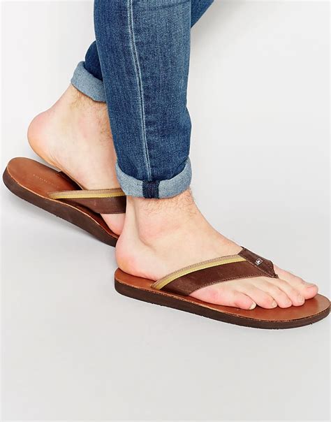 Tommy Hilfiger Leather Flip Flops in Brown for Men - Lyst