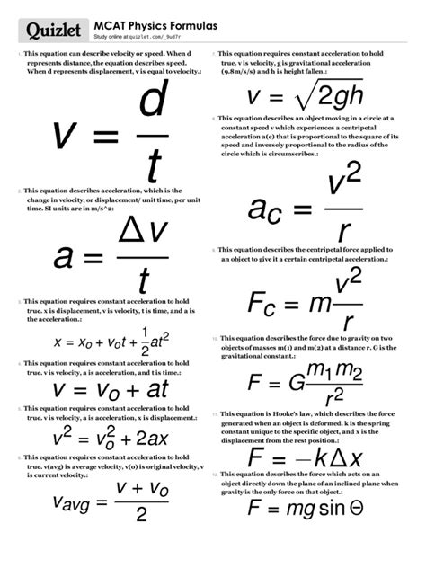 MCAT Physics Formulas | Acceleration | Force