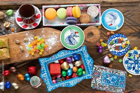 Turkish Coffee and Turkish Tea in the Colorful Ramadan Eid Candy and Chocolate, Traditional ...