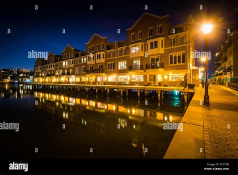 Waterfront apartment building at night, in Canton, Baltimore, Maryland ...