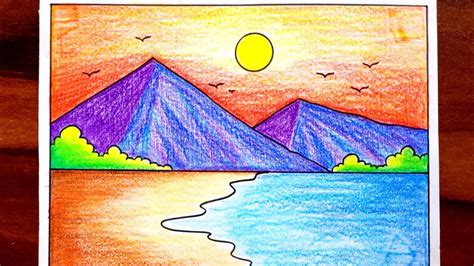 Scenery Drawing | Simple Landscape Scenery | Simple Sunrise Scenery Drawing | Mountains Scenery ...