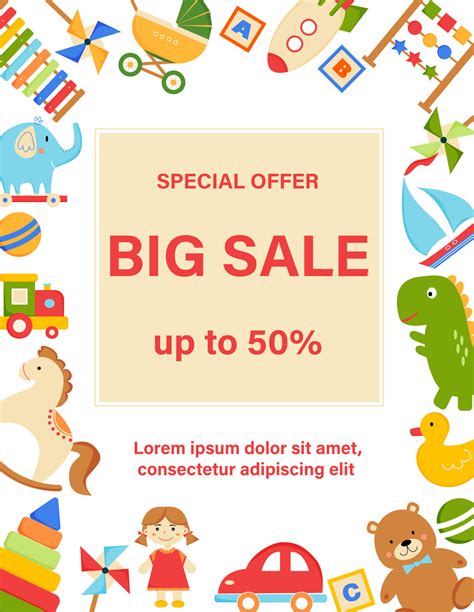 Toys sale poster. Frame of toys on white background. Advertising poster, flyer, promo for toy ...