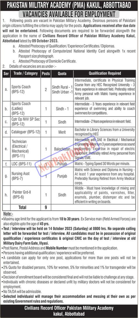 Pakistan Military Academy PMA Kakul Abbottabad Jobs 2023