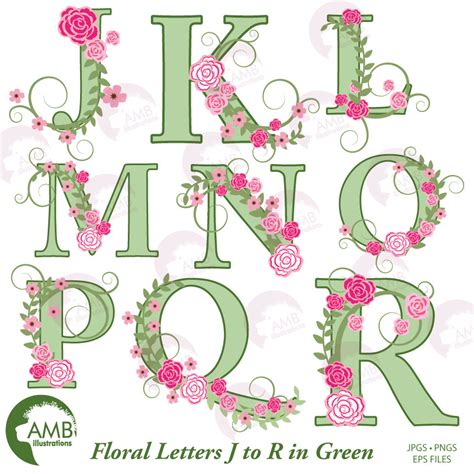 TRIO Florals Green Letters and Roses Alphabet A to Z | AMBillustrations.com