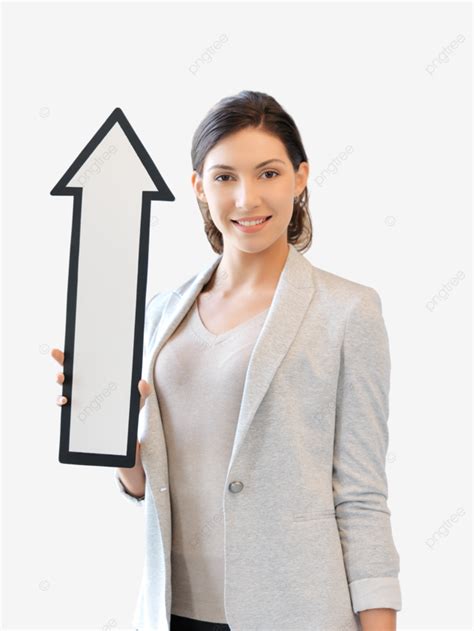 Businesswoman With Direction Arrow Sign Smiling White Sign, Choosing, Announcement, Woman PNG ...