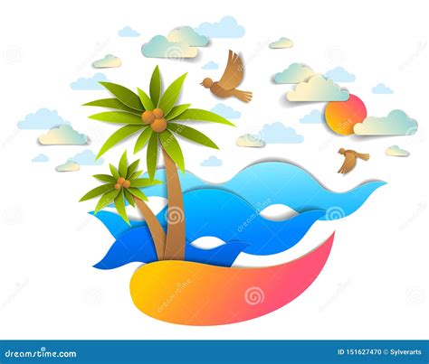 Beach with Palms, Sea Waves Perfect Seascape, Birds Clouds and Sun in ...