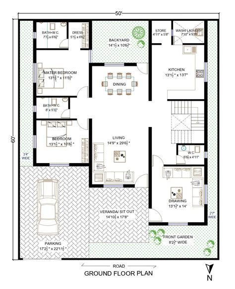 50 X 60 House Plan | 2bhk | 3000 Sq. Ft. - Architego