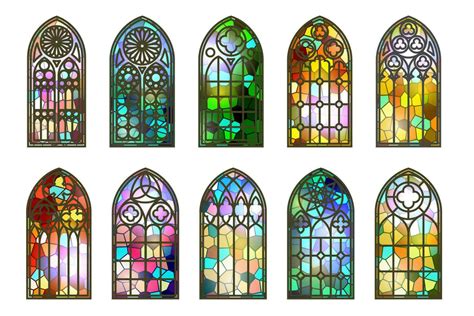 Gothic stained glass windows. Church medieval arches. Catholic cathedral mosaic frames. Old ...