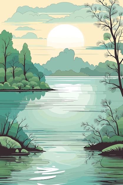 Premium Vector | A vector of lake scenery landscape nature illustration