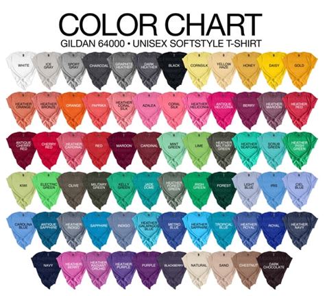 Gildan 64000 Color Chart 70 Colors Gildan Softstyle T-shirt - Etsy