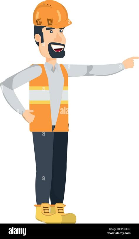 cartoon construction worker with safety vest and helmet over white background, vector ...