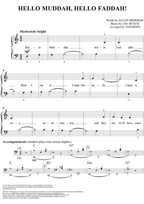 Hello Muddah, Hello Faddah!" Sheet Music for Easy Piano/Vocal - Sheet Music Now