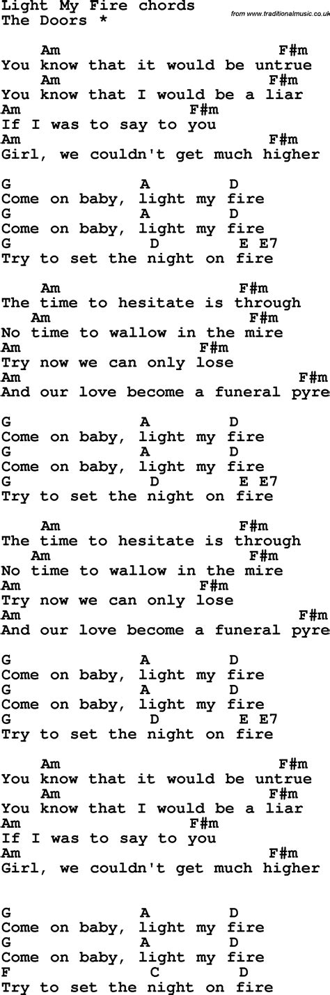 Song lyrics with guitar chords for Light My Fire