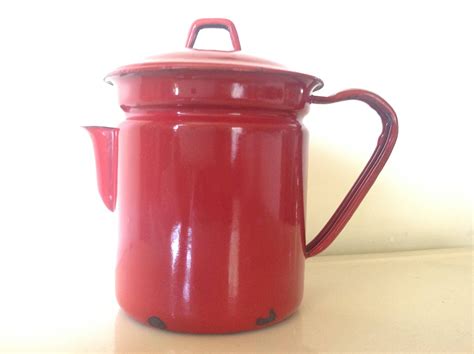 Vintage Red Enamel Coffee Pot, Camping Cowboy Coffee Pot, Picnic Basket Coffee Pot, Red ...