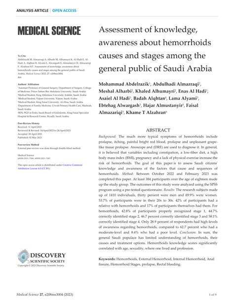 (PDF) Assessment of knowledge, awareness about hemorrhoids causes and ...