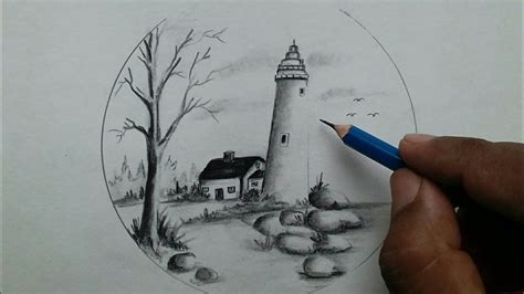 Lighthouse scenery drawing with pencil step by step / easy drawing tutorial - YouTube