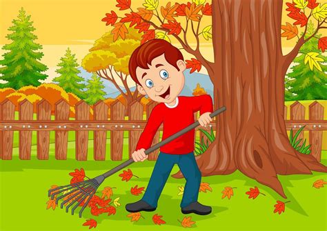 Cartoon Male cleaner sweeping autumn leaves with rake 7271045 Vector Art at Vecteezy