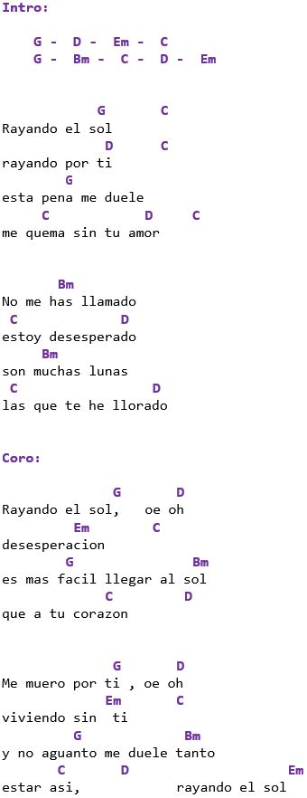 Rayando El Sol - Maná Letra y Acordes en Guitarra