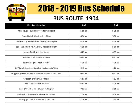 2018-2019 New Bus Schedule - 1904 - Pro-Vision Inc