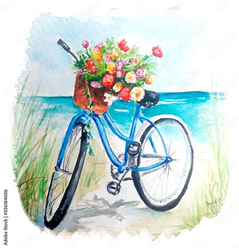 Watercolor painting of Vintage bicycle with flowers sketch art ...