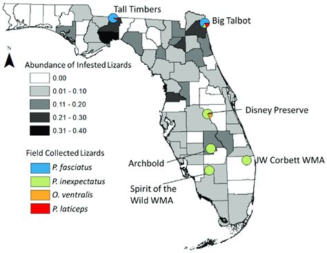 Map of field site locations and abundance of lizards infested with I.... | Download Scientific ...