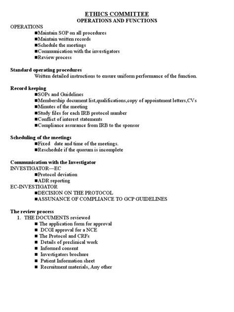 Ethics Committee: Operations And Functions | Institutional Review Board ...